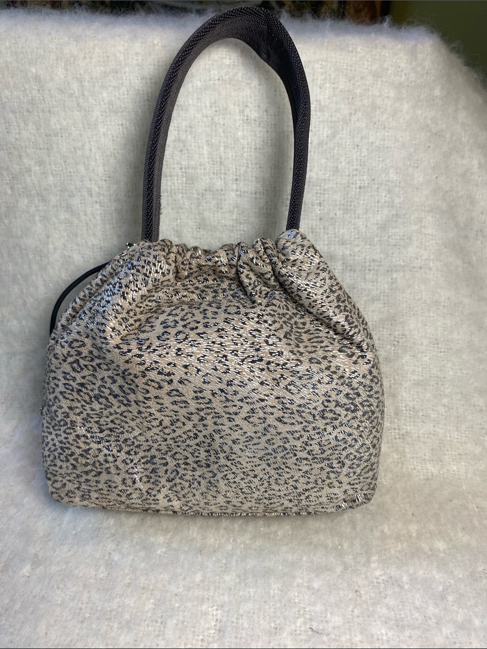 Leopard-Print Drawstring Evening Bag in Beige and Gray
